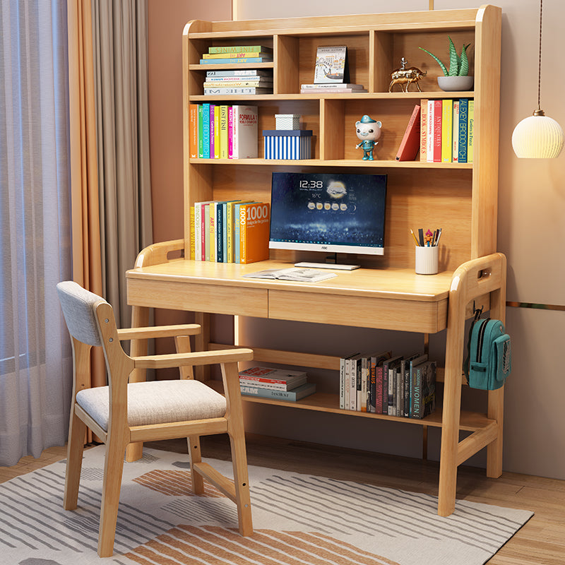 Kids Study Desk Chair Solid Wood Study Desk with High Shelf and Drawers/Bookcase/Rubberwood/Natural wood color and Chair
