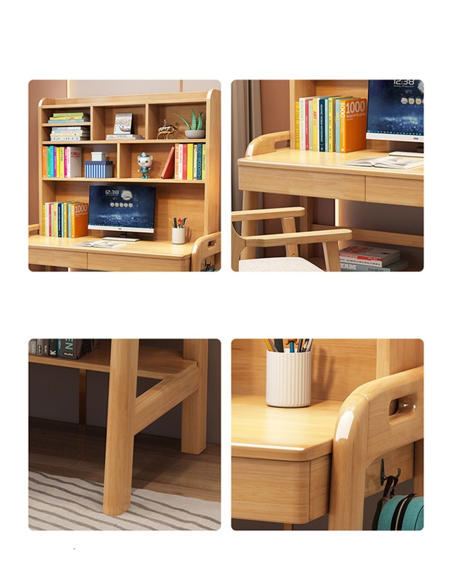 Study Desk and Chair Set Solid Wood Study Desk with High Shelf and Drawers/Bookcase/Rubberwood/Natural Wood