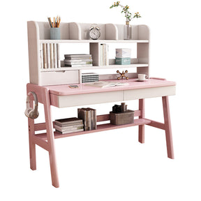 Ave Solid Wood Study Desk with Shelf and Drawers/Bookcase/Rubberwood/Pink