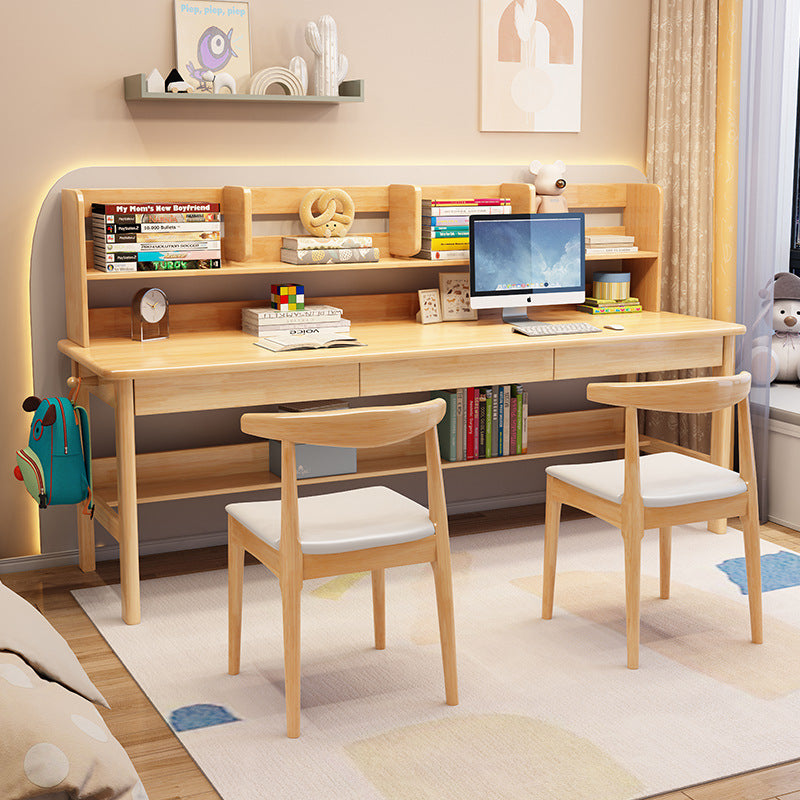 Kids Study Desk Chair Dalenna Solid Wood Study Desk with Book Shelves and Drawers/Rubberwood/Long Study Desk/Natural color and Chair