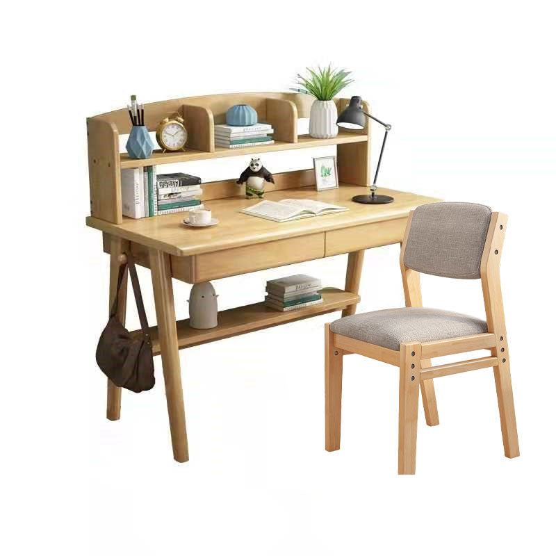 Natural Solid Wood Study Desk with Shelf and Selee Chair Set