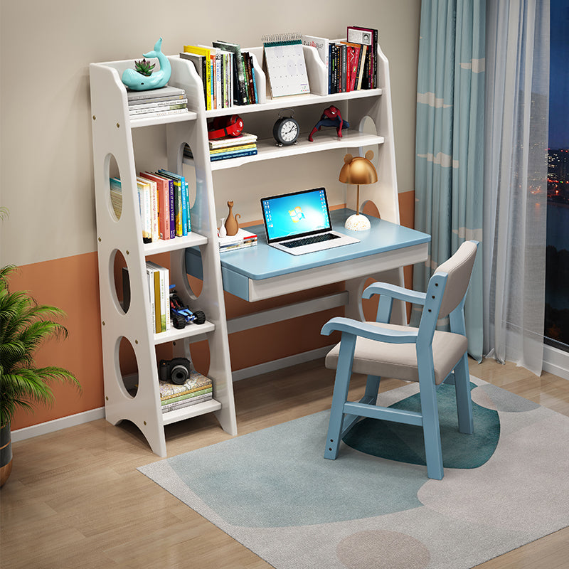 Kids Study Desk Chair Bryla Solid Wood Study Desk with Shelves/Bookcase/Rubberwood/White and Blue color and Chair