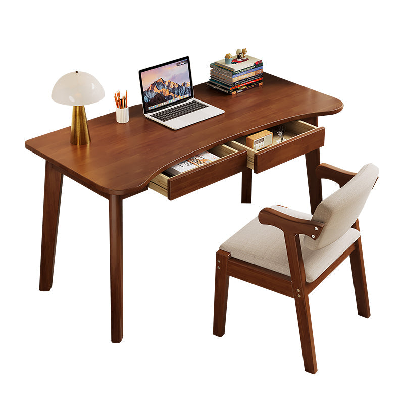 Kids Study Desk Chair Draylen Walnut Color Solid Wood Study Desk with Drawers/Rubberwood/Curved/1M/1.2M and Chair