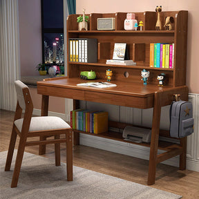 Kids Study Desk Chair Ave Solid Wood Study Desk with Shelf and Drawers/Bookcase/Rubberwood/Walnut and Chair