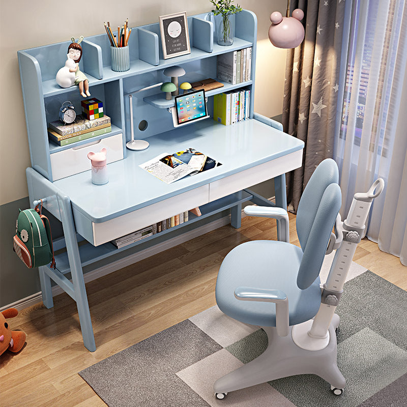 Kids Study Desk Chair Stanselly Blue Solid Wood Kids Study Desk with Shelf/Rubberwood/1.2M and Study Chair
