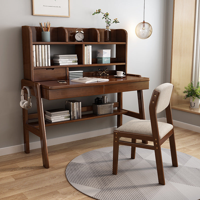 Kids Study Desk Chair Ave Solid Wood Study Desk with Shelf and Drawers/Bookcase/Rubberwood/Walnut and Chair
