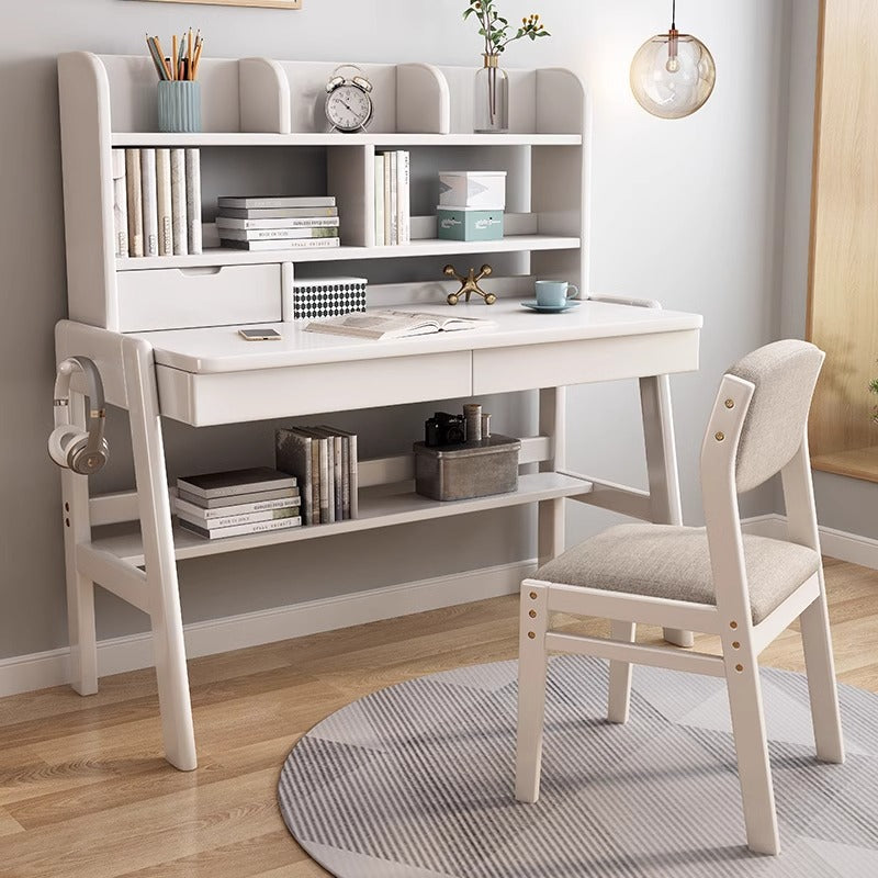 Kids Study Desk Chair Ave Solid Wood Study Desk with Shelf and Drawers/Bookcase/Rubberwood/White and Chair
