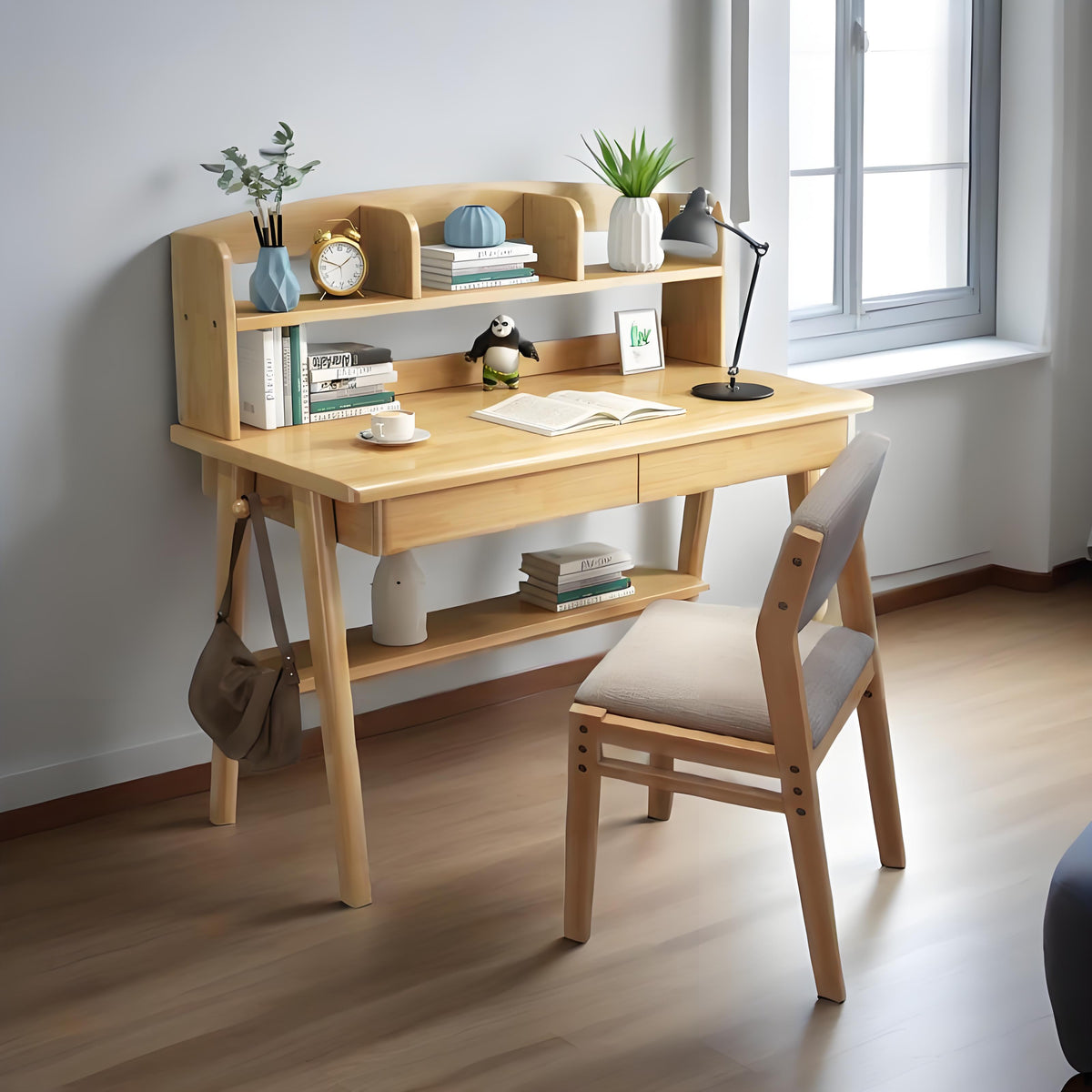 Natural Solid Wood Study Desk with Shelf and Selee Chair Set