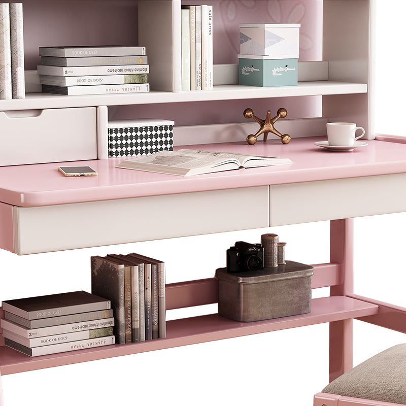 Ave Solid Wood Study Desk with Shelf and Drawers/Bookcase/Rubberwood/Pink