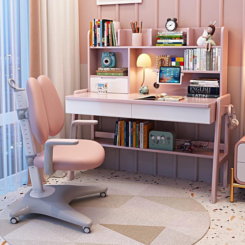 Kids Study Desk Chair Stanselly Pink Solid Wood Kids Study Desk with Shelf/Rubberwood/1.2M and Study Chair