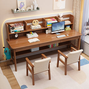 Kids Study Desk Chair Dalenna Solid Wood Study Desk with Book Shelves and Drawers/Rubberwood/Long Study Desk/Walnut and Chair