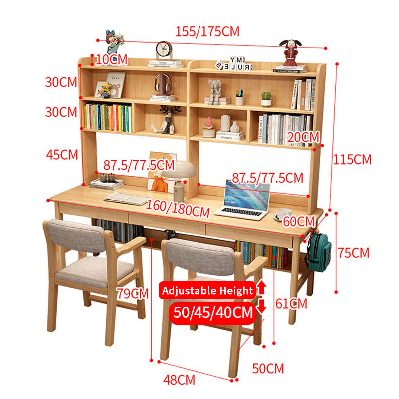 Kids Study Desk Chair Trejan Solid Wood Study Desk with Book Shelves and Drawers/Rubberwood/Long Study Desk and Chair