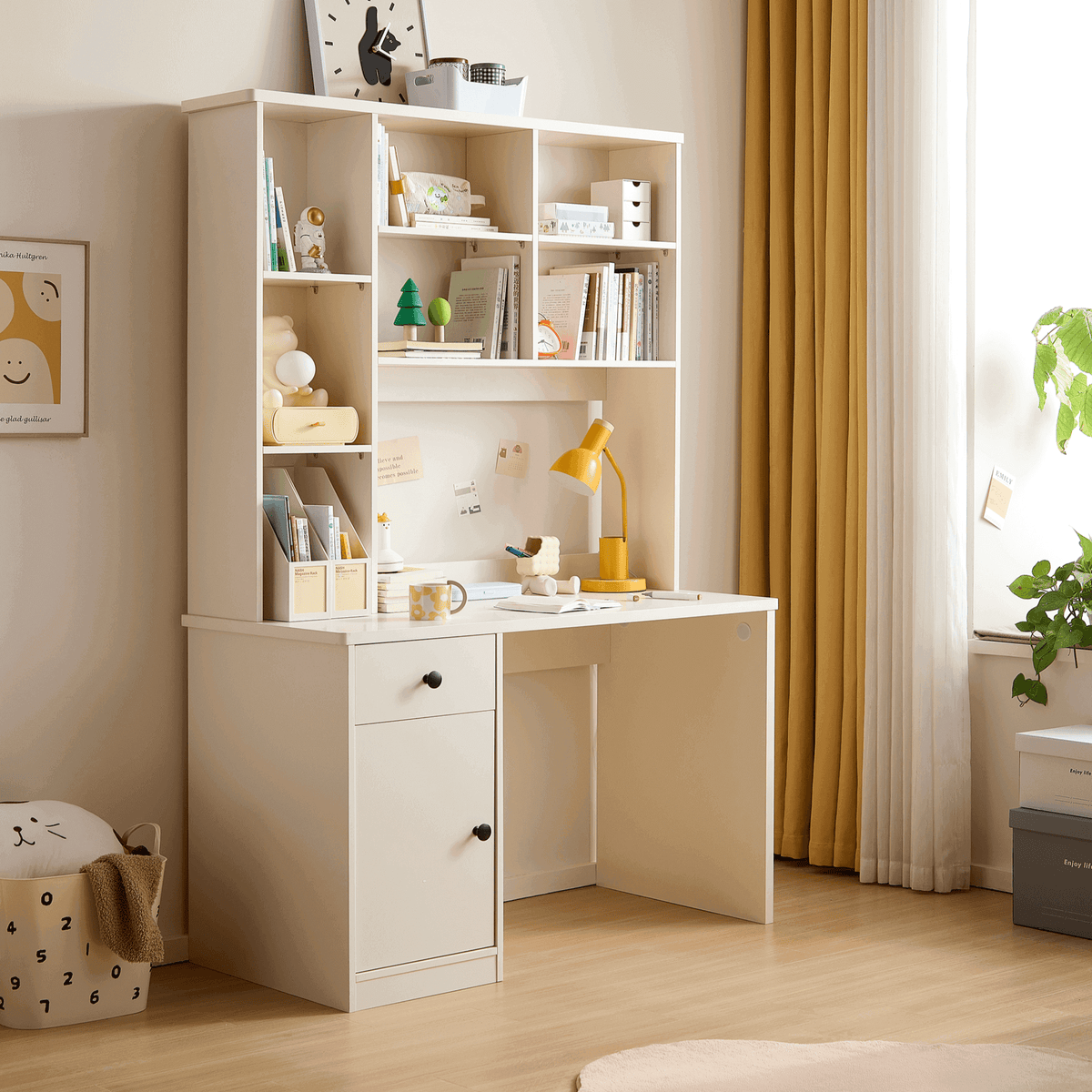 Cream White Study Desk for Kids with Book Shelves and Storage Cabinet