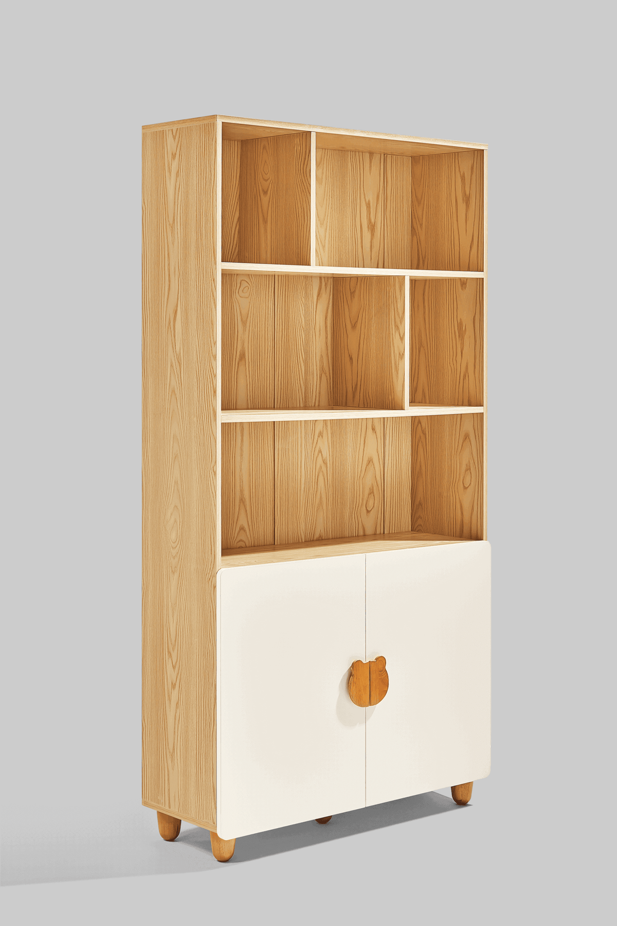 Bear-Shaped Handle Natural Wood Combination Kids' Bookcase with Doors