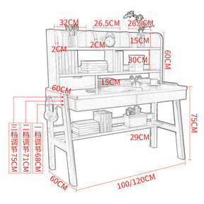 Ave Solid Wood Study Desk with Shelf and Drawers/Bookcase/Rubberwood/Pink