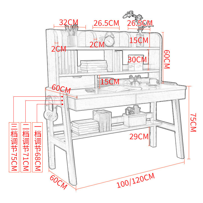 Ave Solid Wood Study Desk with Shelf and Drawers/Bookcase/Rubberwood/Pink