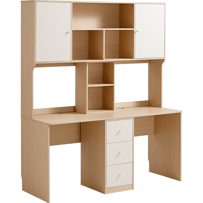 Natural Wood and White Dual-Tone Double Workstation Study Desk with Shelves and Drawers