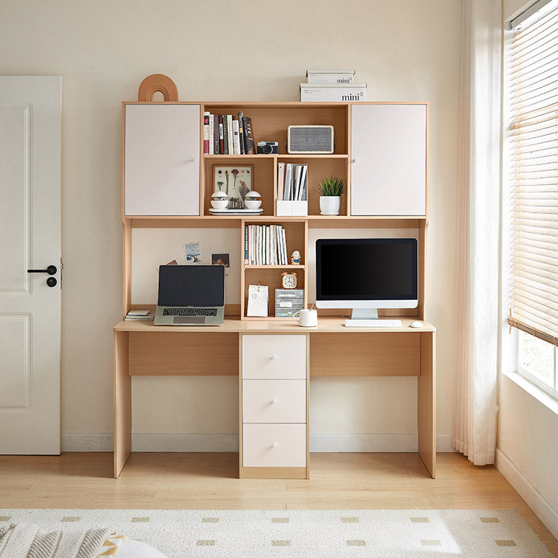 Natural Wood and White Dual-Tone Double Workstation Study Desk with Shelves and Drawers