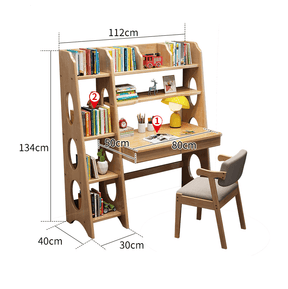 Kids Study Desk Chair Bryla 110CM Solid Wood Study Desk with Shelves/Bookcase/Rubberwood/Natural wood color and Chair