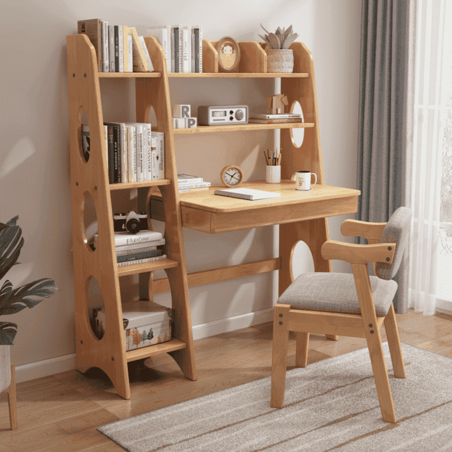 Kids Study Desk Chair Bryla 110CM Solid Wood Study Desk with Shelves/Bookcase/Rubberwood/Natural wood color and Chair