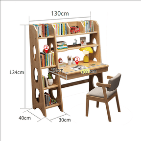 Kids Study Desk Chair Bryla 130CM Solid Wood Study Desk with Shelves/Bookcase/Rubberwood/Natural wood color and  Chair