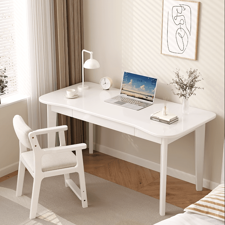 Kids Study Desk Chair Draylen White Solid Wood Study Desk with Drawers /Rubberwood/Curved/0.8M/1M/1.2M and Chair