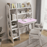 Kids Study Desk Chair Bryla Solid Wood Study Desk with Shelves/Bookcase/Rubberwood/White and Pink color and Chair