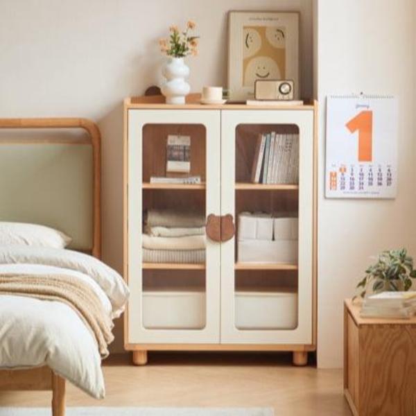 Kids' Bookcase with Doors and Shelves in Natural Wood Color/Kid' Cabinet/Solid Wood Leg