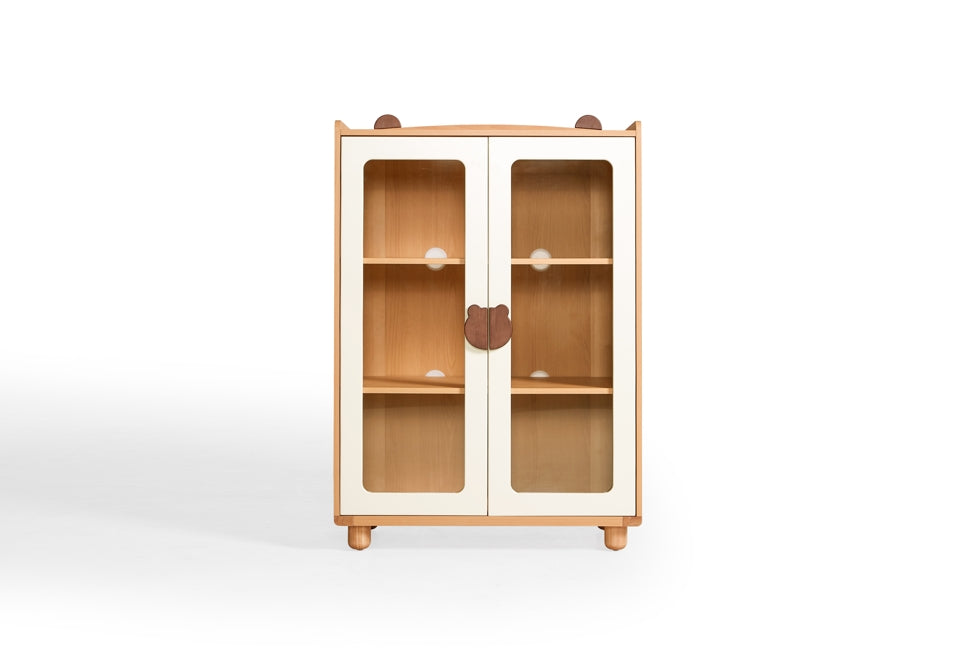 Kids' Bookcase with Doors and Shelves in Natural Wood Color/Kid' Cabinet/Solid Wood Leg