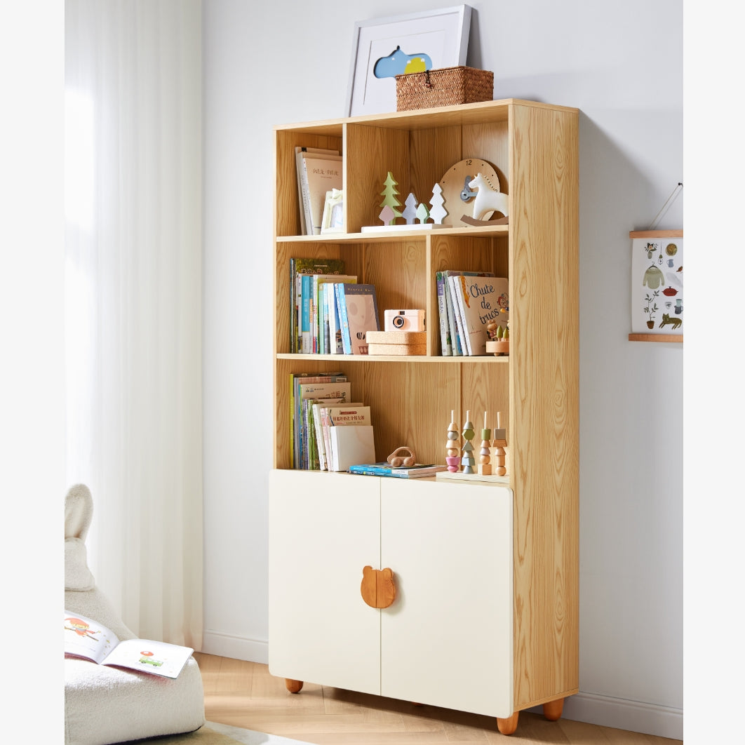 Bear-Shaped Handle Natural Wood Combination Kids' Bookcase with Doors