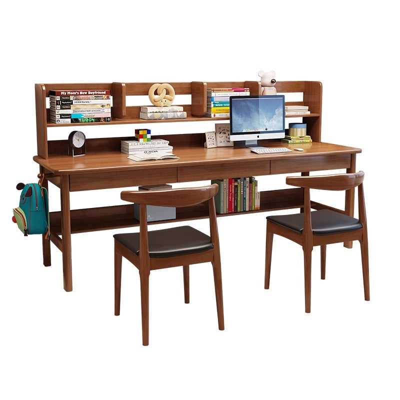 Dalenna Solid Wood Study Desk with Book Shelves and Drawers/Rubberwood/Long Study Desk/Walnut